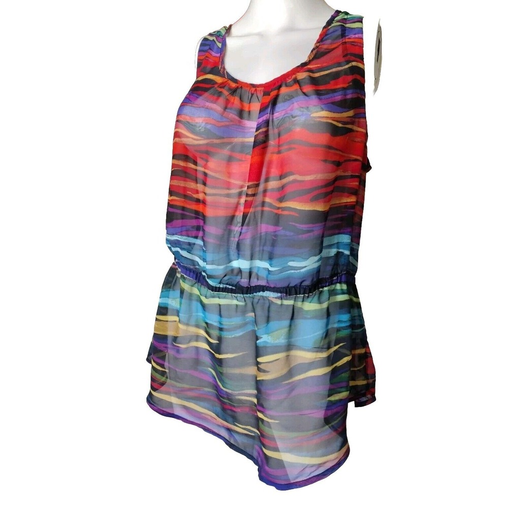 No boundaries Blouse Women XXL Multicolor Sheer Abstract Boho Chiffon Back Lace